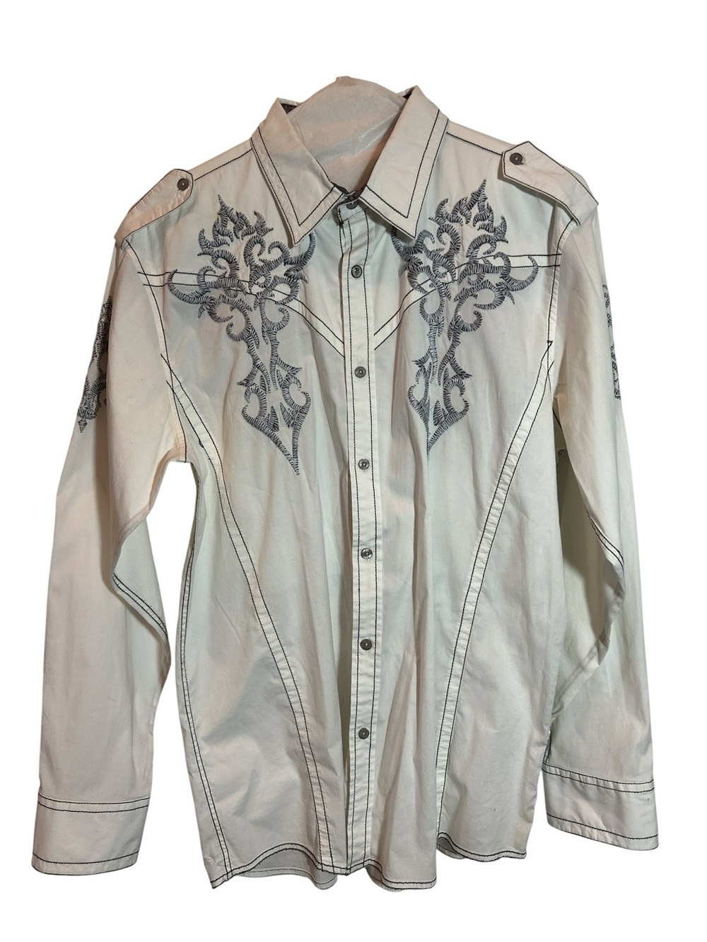 Buckle Roar Men's LS Button Up Shirt Sz XL White Embroidery Accents Y2K
